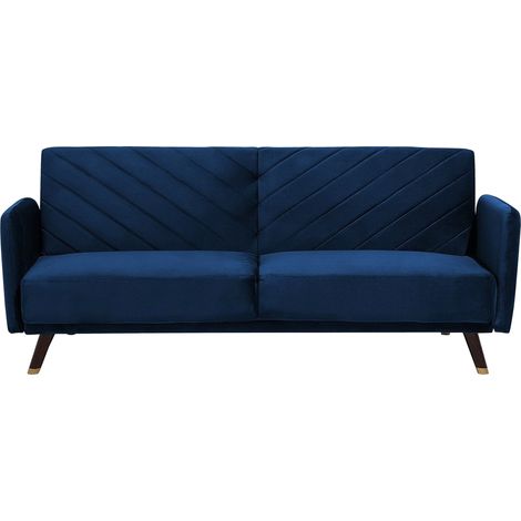 Sofá cama 3 plazas de terciopelo azul marino madera oscura reclinable Senja