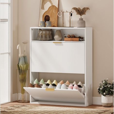 Schlanker Schuhschrank mit 2 Klappen, offenem Ablagefach, 80 x 24 x 102,5 cm, weiß HAVRYA (1/4)
