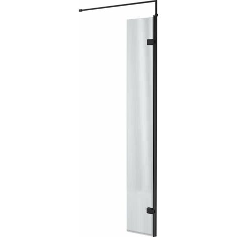 Balterley Shebdon Contemporary Bathroom 8mm Fluted Glass Swing Return Wetroom Screen with Support Bar, 1950 x 322 x 27mm, Matt Black