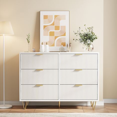 Cassettiera bianca 6 cassetti, cassettiera 100 cm, camera da letto, credenza bassa con ante ondulate e piedini in dorato, madia per ingresso e soggiorno, stile moderno(100x34x73cm, Bianco) (1/5)
