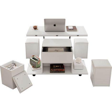 Table basse relevable 100 x 100 x 63,5 cm - Blanche - 4 tabourets - Rangement caché et roulettes (1/5)