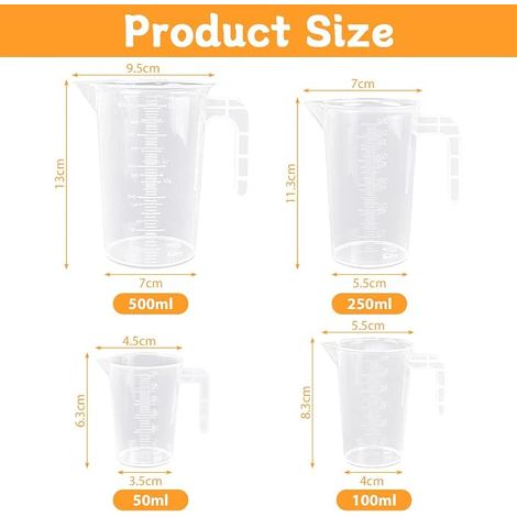 Gobelets Doseurs Transparents Verre Mesureur Plastique avec Poignée Verre Doseur Cuisine Godet Gradué Peinture avec 1 Entonnoir pour Laboratoires Restaurant (50ml 100ml 250ml 500ml) (1/4)