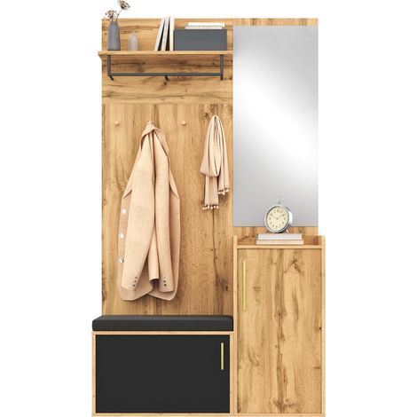 Armoire entrée avec miroir et banc rangement chaussures crochets, ensemble compact mural organisation entrée 90x