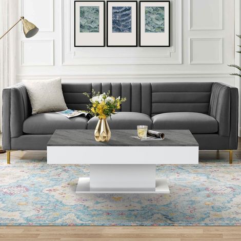 ML-Design Tavolino da Salotto con 2 Vani Portaoggetti Sotto il Piano Scorrevole Legno MDF Bianco / Effetto Cemento 110 x 60 x 40 cm Tavolo da Caffè per Soggiorno con Spazio di Archiviazione (1/5)