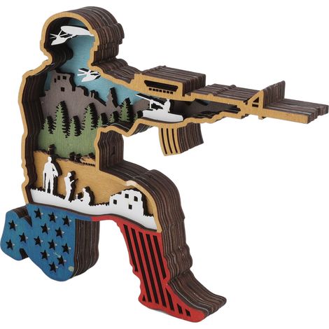 Statue en Bois de Soldat Américain, Décoration de Bureau 3D avec Éclairage Vif pour Fête de l'Indépendance des États-Unis, Sculpture en Buis à Design Multi-Couches (1/5)