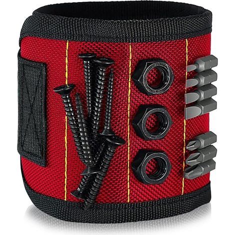 Bracelet magnétique livré avec aimants puissants, accessoires d'outils de réparation de puissance de poignet pour vis, clous, boulons, perceuses, attaches DIY,Rouge, 33×15.5×12.5cm (1/4)