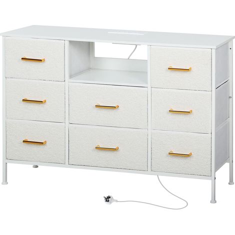 Boucle Chest of Drawers, 8 Fabric Drawers Storage Organiser with Charging Station, 2 USB 2 AC Ports, Steel Frame, Fabric Dresser for Living Room, Bedroom, Hallway, Cream White (1/5)