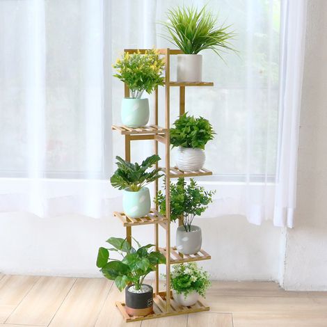 Soporte Plantas Alta de Bambú Escalera Estanteria para Macetas Vertical para Esquina Exterior Interior, L, 7 Niveles