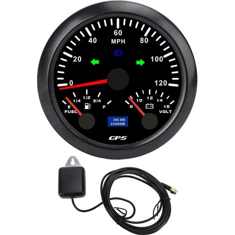 Compteur GPS 85mm 3-3/8in 3-en-1 avec Voltmètre, Jauge de Niveau de Carburant et Clignotants 120MPH pour Camping-car, Yacht, Camion - Rétroéclairage 7 Couleurs (1/5)
