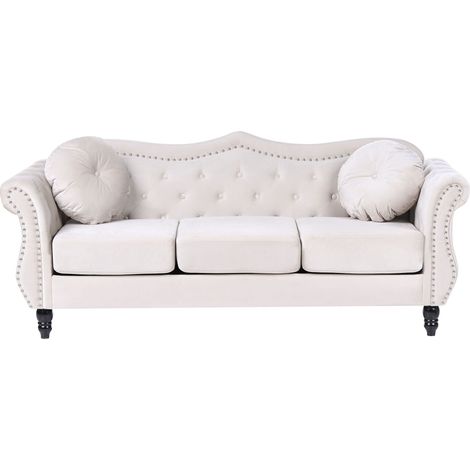 Sofa Light Beige Velvet 3 Seater Nailhead Trim Button Tufted Throw Pillows Rolled Arms Glam SKIEN (1/5)