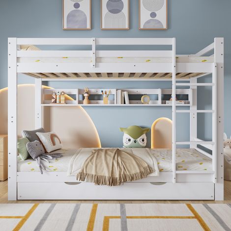 Lit superposé, lit enfant extensible à roulettes, avec une rangée d'étagères de 2 mètres de long, sommier à lattes robuste et échelle, pin + MDF + contreplaqué, blanc, 90 x 200 cm