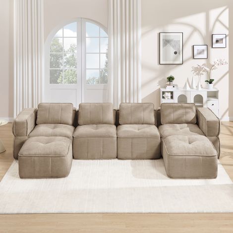 Mousse Haute Densité 32D et Fond Antidérapant Confort Relaxant Canapé d'Angle Panoramique en U 4 Places avec Poufs pour Salon (1/5)