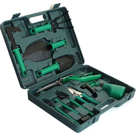 Kit de jardinage 10 pièces vert : pelle à repiquer, plantoir, désherbeur pour bonsaï, taille-haie, transplantation, entretien plantes en pot. (1/5)