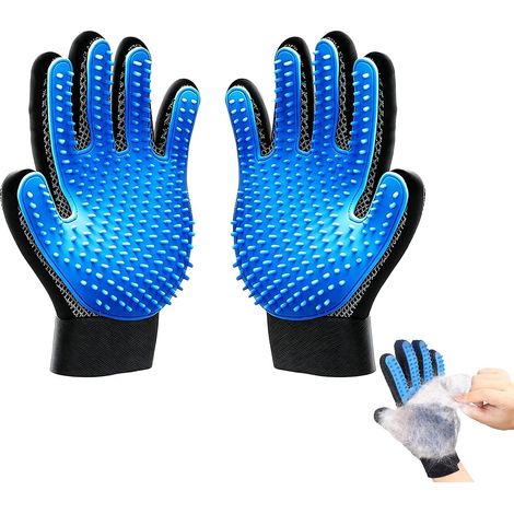 Paire de gants de toilettage pour chien et chat, gants anti-poils à picots en silicone souple, conception 5 doigts avec poignet réglable, pour massage, brossage et utilisation sèche ou humide (1/5)