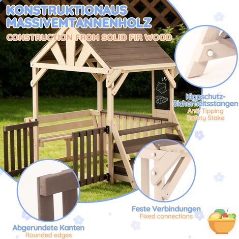 Maisonnette de jeu en bois pour l'extérieur, toit imperméable, garde-corps mi-hauts, étagère polyvalente pour plantes et jouets, cabane de jardin pour enfants dès 3 ans (Gris) (1/5)