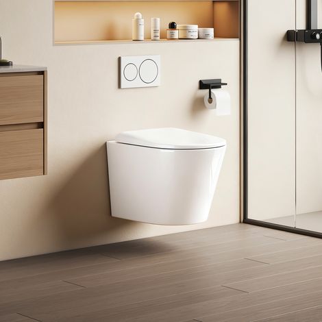 EMKE Toilette Spülrandlos WC mit Direkter Spülung Wandmontage Hänge-WC 36x36.5x49cm D-Form Hochtemperaturkeramik Strahlend Weiß