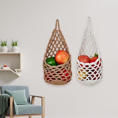 Lot de 2 paniers suspendus en corde de style bohème tissés à la main pour la décoration de la maison, pour stocker des fruits, des légumes et des plantes, un organisateur mural élégant (1/5)