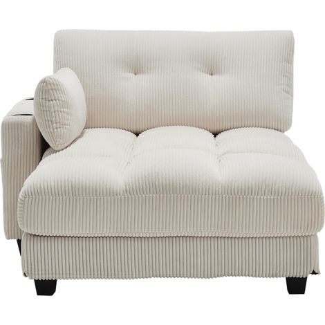 Sillón relax de tela efecto terciopelo acanalado beige con portavasos, bolsillos y USB MODENUIT (1/5)