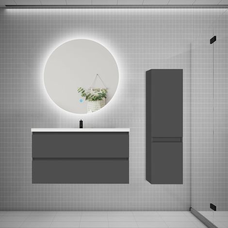 Ensemble meuble de salle de bain et lavabo anthracite (L.100cm) 2 tiroirs + meuble haut + lavabo + miroir rond LED (1/5)