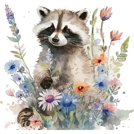 Papier peint panoramique Enfants - Raton Laveur fleurs - 130 cm x 84 cm (1/2)