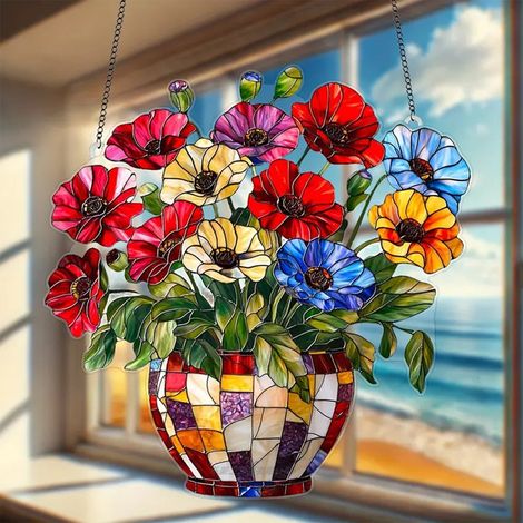 Suspension Murale En Acrylique - Décoration Fenêtre Et Mur - Motif Pot De Fleurs Et Fleurs 2D - 20x20 cm - Pour Salon Chambre Bureau - Lot De 5 (1/5)
