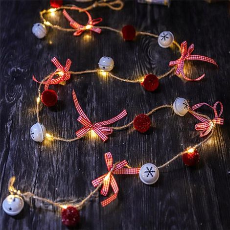 Rote LED-Weihnachtslichterkette mit grünen Blättern, Kupferdraht, dekorativen Glöckchen, 2 Meter, 20 Lichter, batteriebetriebene Version (1/4)