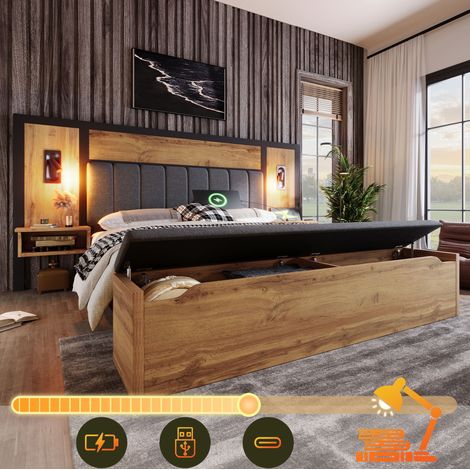 Cama doble 160 x 200 con lámparas de lectura, mesitas USB-C y banco arcón HAVRYA (1/5)