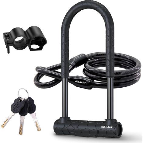 Antivol robuste en U pour vélo – Cisaille super résistante de 12 tonnes, serrure forme 20 mm avec couvercle coulissant, câble acier 1,2 m support montage et 3 clés (long) - long (1/5)