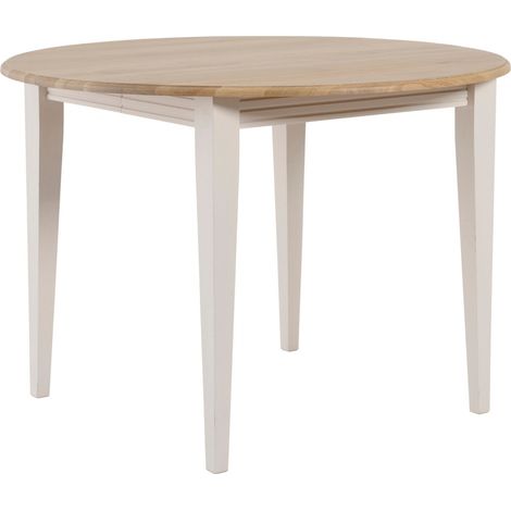 Hellin – Table ronde extensible en chêne massif – 4/6 places – Dimensions L 105 x H 75 cm – Système d'allonge central – Finition chêne/grège (1/5)