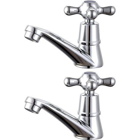 Zwei Badezimmer-Waschtischarmaturen mit Kreuzgriff für Warm- und Kaltwasser. (1/4)