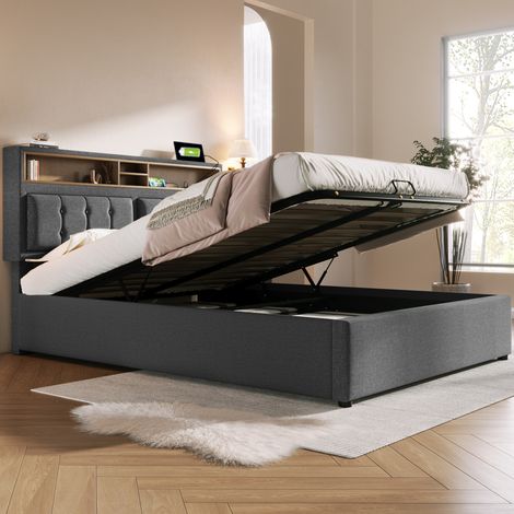 Lit double capitonné avec rangement tête de lit réglable prises USB type C 140 x 200 cm gris cadre de lit en lin avec sommier à lattes (1/5)