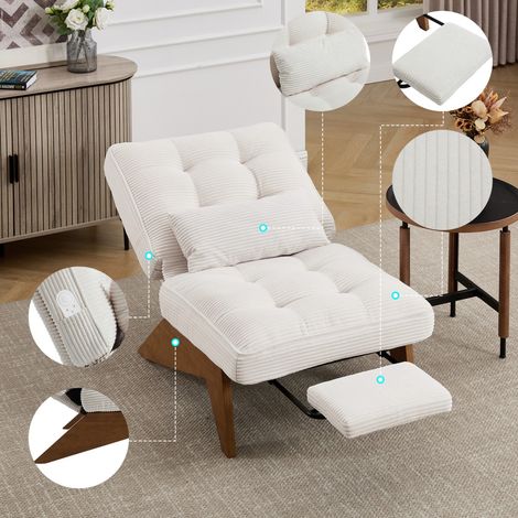 Fauteuil lounge moderne tissu avec repose-pieds, coussin lombaire, pieds bois - Réglable salon/bureau 127x73x90cm - Beige (1/5)