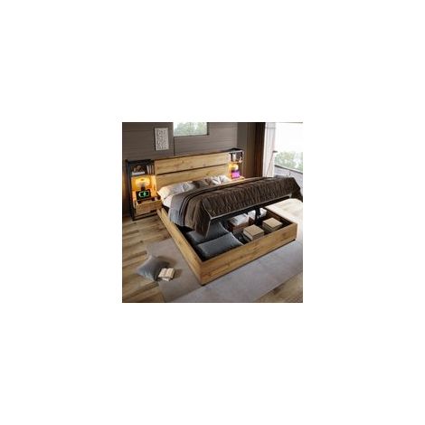 Lit adulte 180x200 cm avec USB C - lit double avec tête de lit de rangement et sommier - bois - chêne (sans matelas)