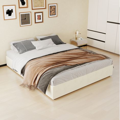 Cadre de lit 160x200 cm en tissu velours beige, vérins à gaz, stable, sans matelas – MEUBLIV (1/5)