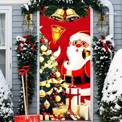 Nouvelle décoration de porte de Noël, bannière avec le Père Noël pour jardin, cour ou extérieur - 90 x 180 cm (perforée + ruban) - 30