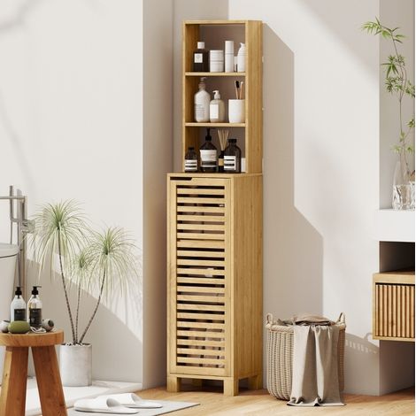 Hochschrank Bad 34 x 30 x 170 cm, 3 offene Ablagen, Naturbambus HAVRYA (1/3)