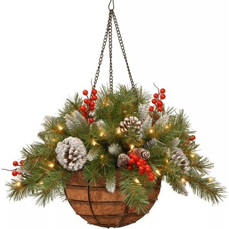 Panier Suspension Couronne De Noël - Panier En Pin Artificiel Avec Guirlande Lumineuse LED - Décoration Intérieure Et Extérieure Pour Fête Maison Jardin Mariage - 40 x 25 cm - 1 Pièce (1/5)