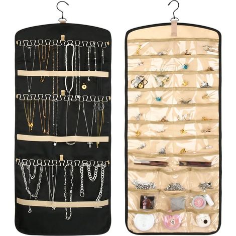 Porte-Bijoux Suspendu avec Crochet Boîte à Bijoux Double Face Porte-Collier Organisateur de Bijoux Suspendu de Placard Support à Bijoux Mural Pliable (39 Poches + 42 Crochets Ondulés) (1/5)