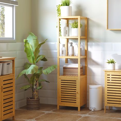 Meuble de salle de bain 36x33x140 cm en bambou naturel avec 3 étagères, gain de place – MEUBLIV (1/4)