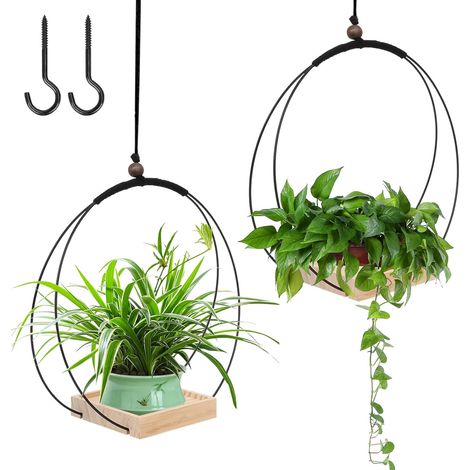 mumisuto 1 Stück Blumenampel Hängend Innen mit Stabil Holzsockel, Moderne Boho Hängetopf für Pflanzen, Zimmer Deko Aesthetic, Hängepflanzen Topf für Kleine bis Mittelgroße Pflanzen (Schwarz2)
