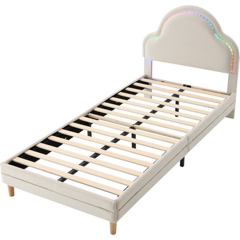 Letto bambino imbottito beige con testiera a nuvola e LED multicolore 90 x 200 cm (1/5)