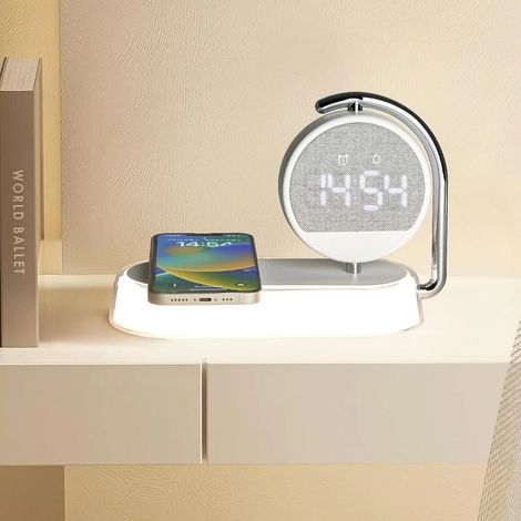 Intelligenter Wecker mit schneller kabelloser Ladefunktion und einstellbarer Hintergrundbeleuchtung.