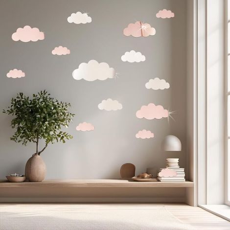 Set of 14 wall stickers for children's room - Cloud pattern - Mirror - Living room decoration - Cloud pattern - Silver