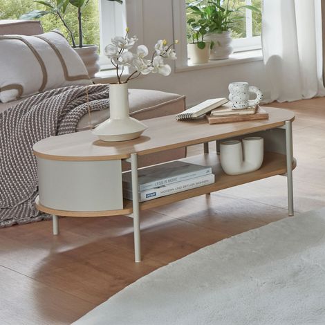 M&S – Table basse fixe double plateau 100x54x37 cm en panneaux de particules et tube d'acier – Design épuré beige – Rangement optimisé