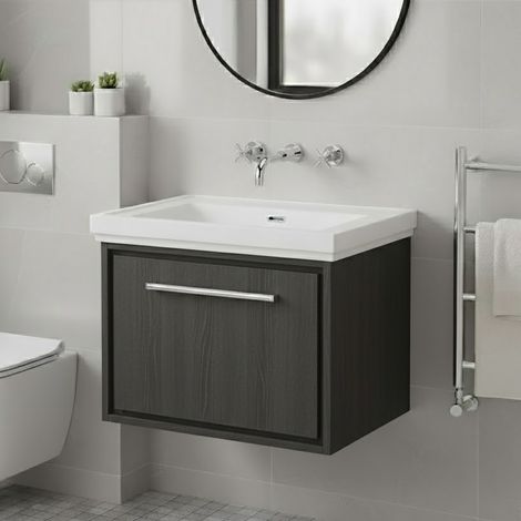 Hudson Reed Lille Wall Hung 1-Drawer Vanity Unit with 0TH Classique Basin 600mm Wide - Graphite Grey Woodgrain
