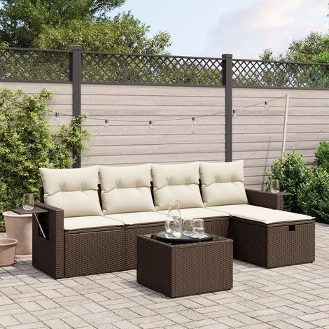 Ensemble Salon Jardin 6 Places Marron Résine Tressée avec Coussins et Table en Verre Trempé - Modulaire et Design pour Terrasse (1/4)