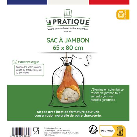10 Sacchetti per prosciutto + gancio S 120 mm, cotone écru, 65 x 80 cm - Le Pratique