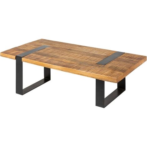 Mesa baja LODEN 100 cm madera maciza de mango y metal negro – diseño industrial (1/5)