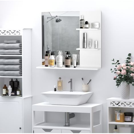 Miroir de salle de bain blanc 60x10x48 cm avec 3 tablettes, étagère miroir murale pour rangement (1/5)