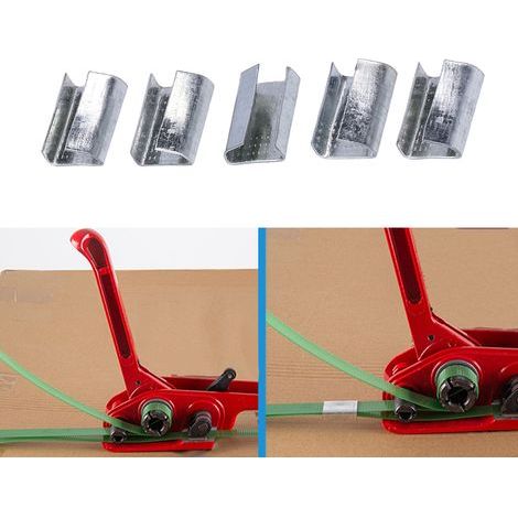 Boucle de serrage métallique galvanisée pour sangle PET plastique 16mm, scellés ouverts pour emballage. (1/5)